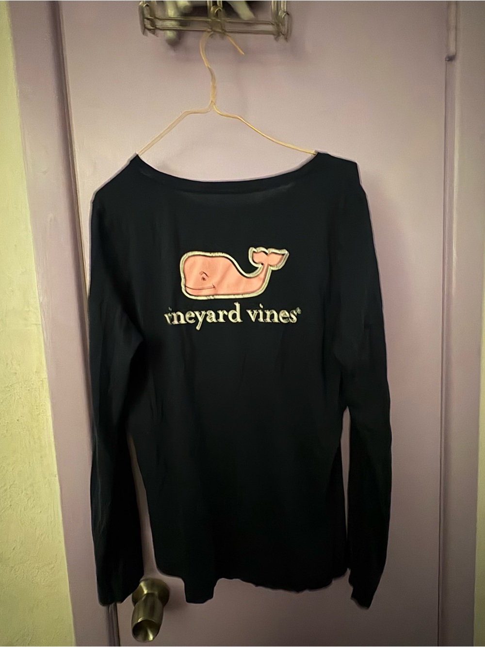 Vineyard Vines Navy Long Sleeve Tee with Pink Whale and Cream Script